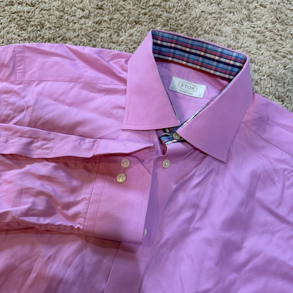 Eton Mens 17 43 Pink Solid Contemporary Dress Shirt Long Sleeve Cotton 6063